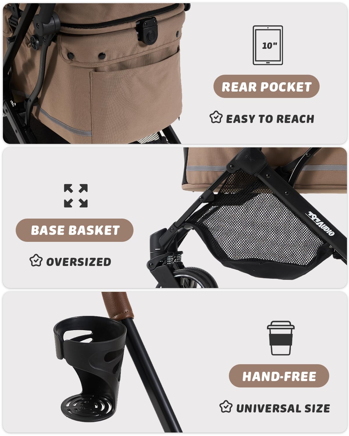 797Audio Dog Stroller for Small Medium Dogs,Pet Stroller for Cats Puppy Up to 121lbs,Foldable,One Click Folding,4 Wheel Shock Absorption,Adjustable Canopy with Sun Shades,Removable Washable Pad(Brown)