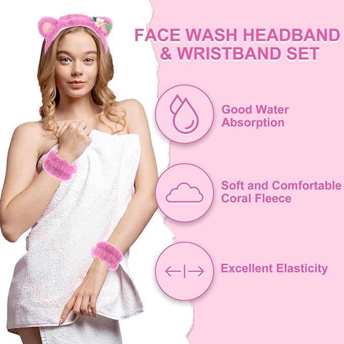 CAVETEE Hairband, 3 Piece Fluffy Pink Bear Ear Makeup Headband and Wristband Set for Women, Spa Cosmetic Elastic Headband and Wristband Set for Women Girl Wash Face Skincare Makeup Shower Spa