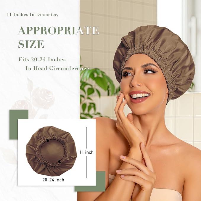 Reusable Shower Cap for Women, Large Waterproof Shower Bonnet with Elastic Band, Washable Bath Hair Cap for Long, Curly Hair, Braids, Daily Shower, Home Spa, Travel(Brown)