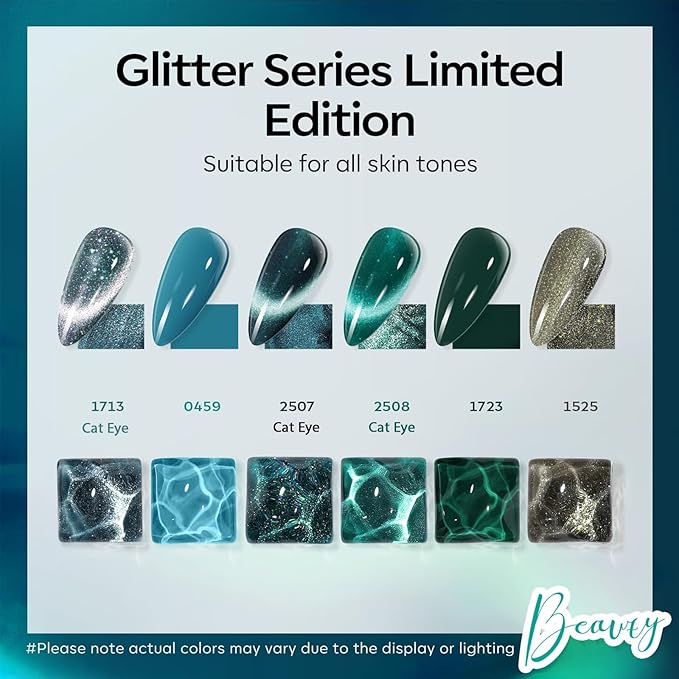 modelones Gel Nail Polish Set, 6 Colors 2026 Spring Summer Blue Green Cat Eye 9D Gel Polish Dark Green Sparkle Reflective Glitter Nail Polish with Magnet Soak Off LED Nail Art Kit DIY