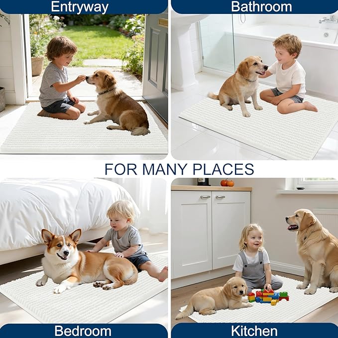 OLANLY Dog Door Mat for Muddy Paws 47x17, Ultra Absorbent Chenille Mud Doormat, Non-Slip Washable and Dirt Trapping Doormat for Indoor Entryway, Quick-Dry Indoor Pet Bed Mats for Dogs, Ivory