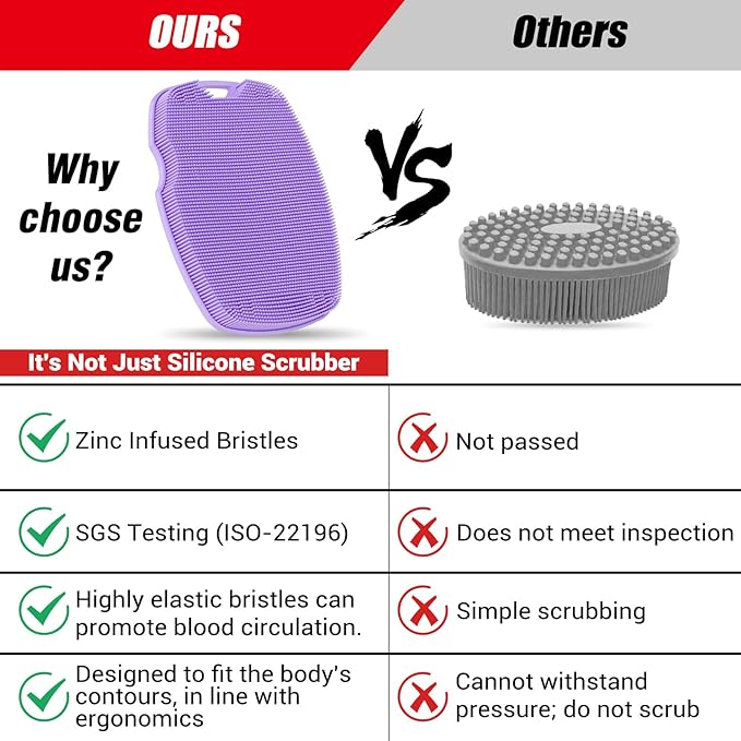 Canroom Silicone Body Scrubber - Anti Zinc Infused-Highly Elastic Bristles Exfoliating Body Scrubber for Shower Body,Cellulite Reduction,Blood Circulation - Purple