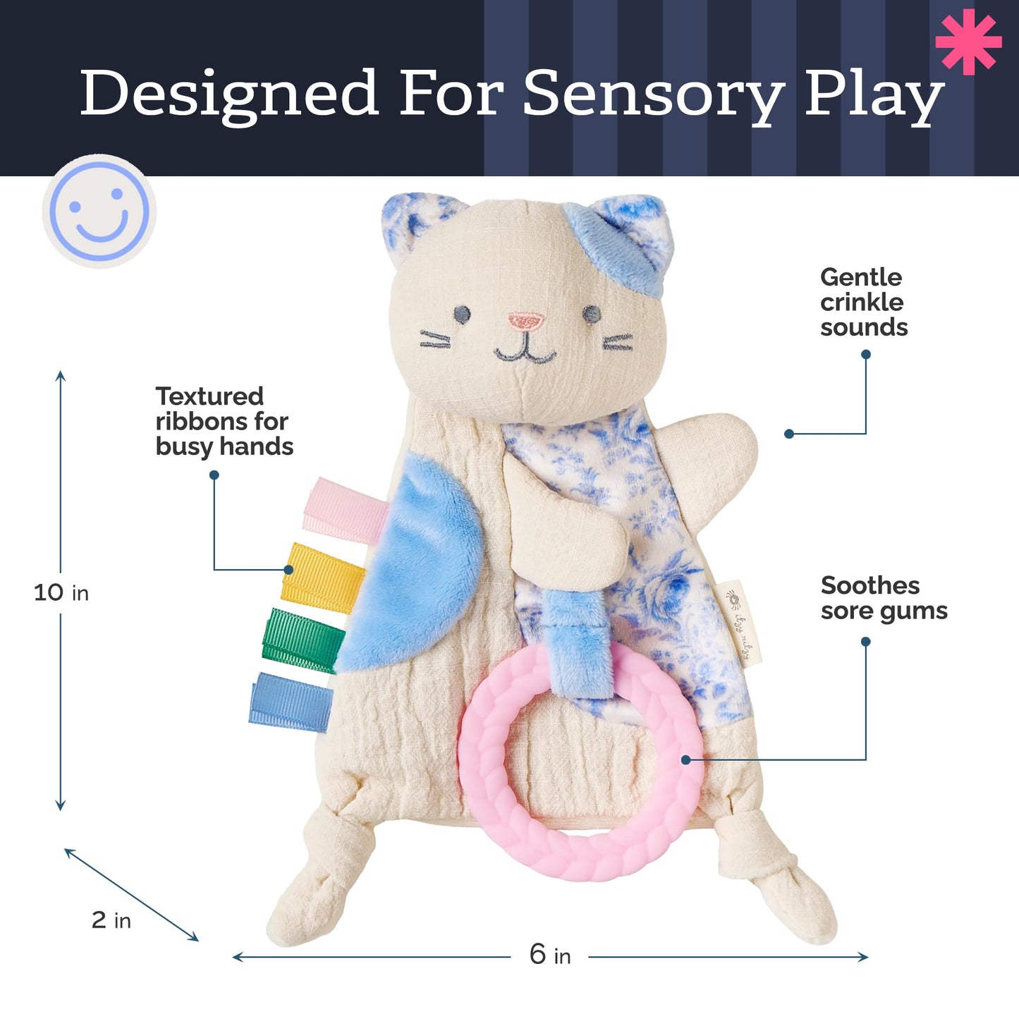 Itzy Ritzy - Bitzy Crinkle Sensory Toy for Babies & Toddlers — Features Crinkle Sound, Soft Braided Teething Toy Ring & Textured Ribbons — Gender Neutral Baby Item for Ages 0 Months & Up, Kitty