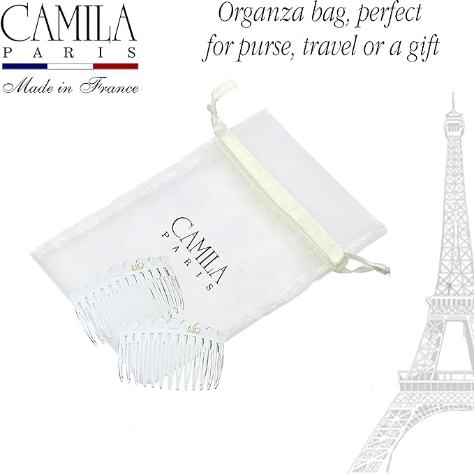 Camila Paris CP3875 French Hair Side Comb, Small Rounded, Clear French Twist Hair Combs Decorative, Strong Hold Hair Clips for Women Bun Chignon Up-Do Styling Girls Hair Accessories, Made in France