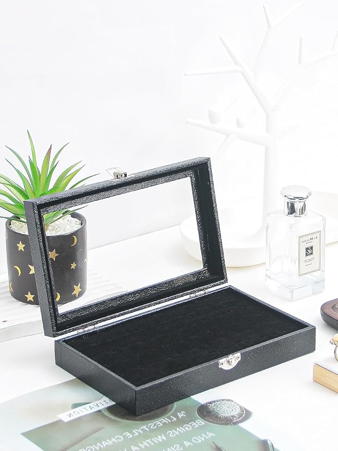 Ring Holder Organizer Box,Jewelry Ring Display Case, Earring Necklace Storage Tray With Top Glass Lid (Black, 30 Slots Ring)