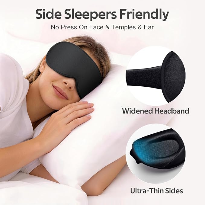 Sleep Mask for Men Women - 100% Blackout Eye Masks for Sleep - 3D Soft Sleeping Mask for Side Sleepers - Zero Pressure Lash Extensions Eye Cover Shade for Airplane Travel Essentials, Black