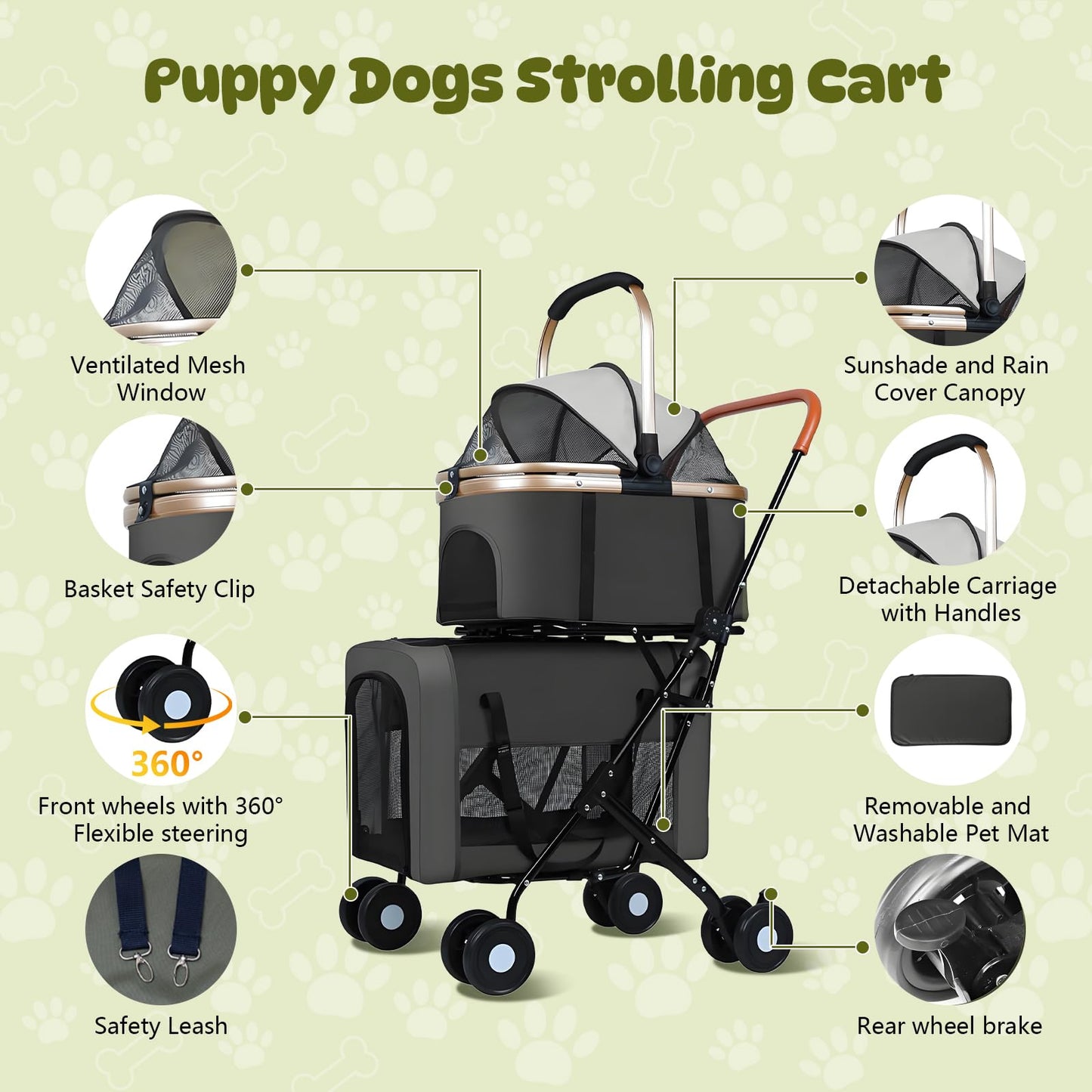 Beuway Double Pet Stroller for Dogs and Cats - Dog Stroller Foldable Travel Carriage with Detachable Carriers, Safety Belts, and 4 Lockable Wheels for Small to Medium Pets (Black)
