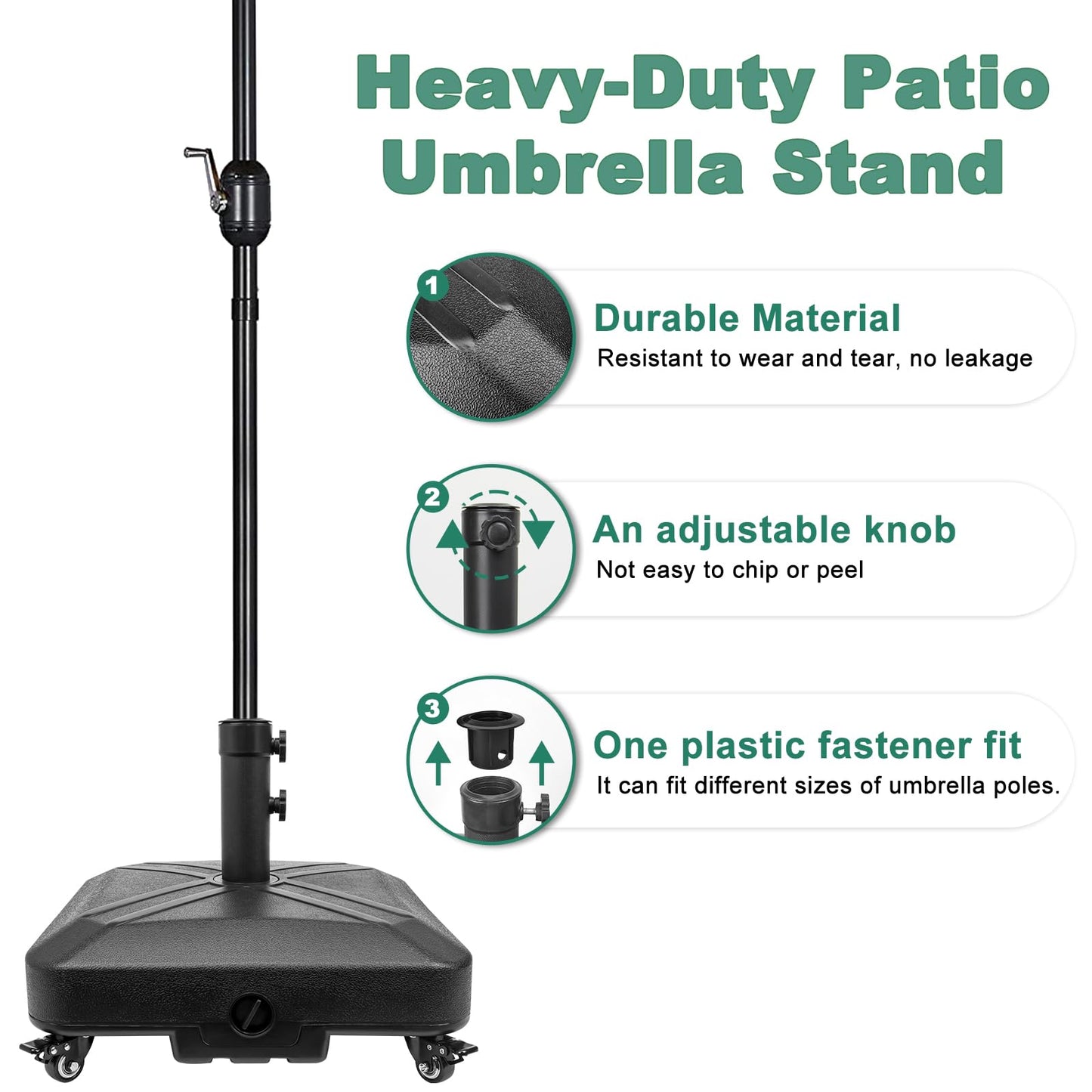 RAOKUKH Patio Umbrella Base Heavy Duty with Wheels Square Market Stand for Outdoor 4 Locks 2 Knobs 125lb Capacity, Black