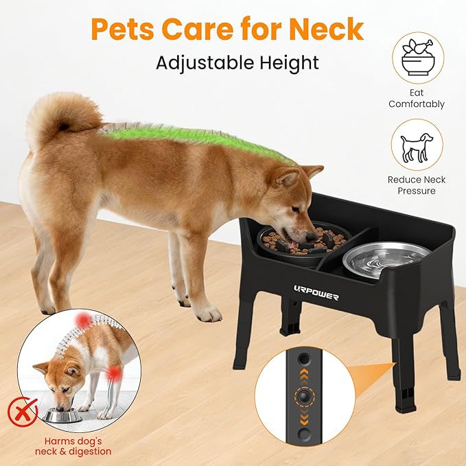 URPOWER Mess Proof Slow Feeder Dog Bowls 4 Height Adjustable Elevated Bowl Stand with 2 Stainless Steel Dog Bowls and 1 Slow Feeder Non-Slip Food and Water Bowl Set for Small and Medium Dogs