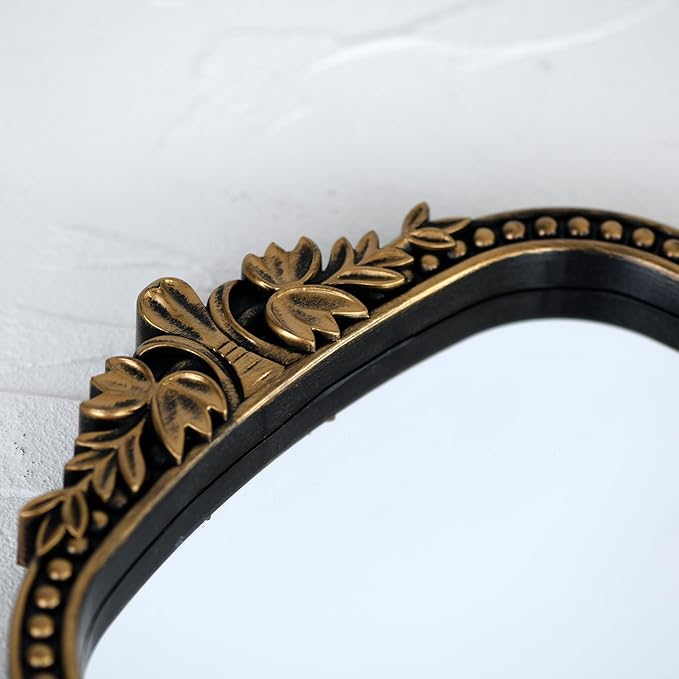 Vintage Gold Plastic Arched Makeup Mirror, Standing, Hanging or Wall Mount, Bathroom, Living Room, Bedroom Decorative Mirror (Bronze-10.6x8.6 inch)