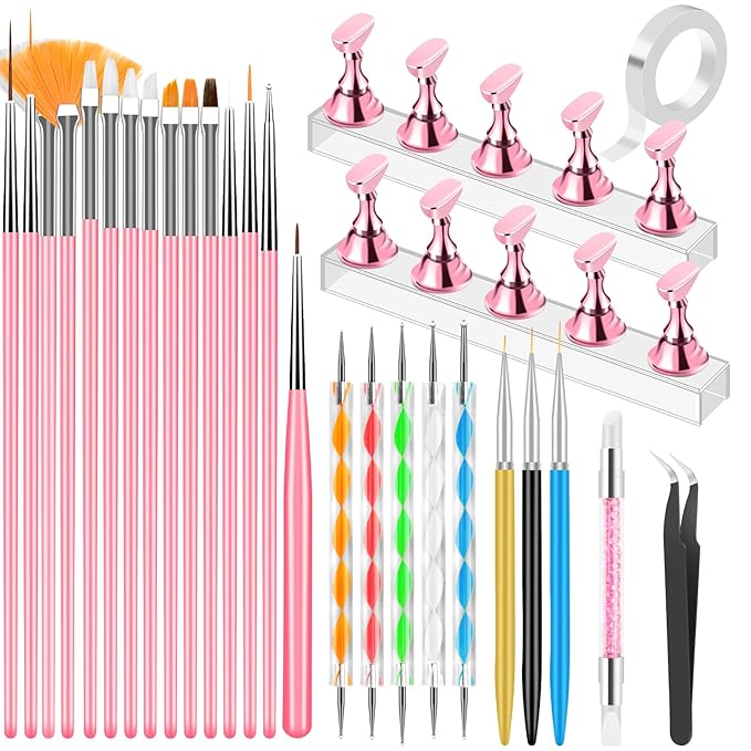 Nail Art Tools Set, Nail Stand for Press on Holder for Painting Nails, Nail Art Brushes, Liner Brushes, Nail Dotting Tool, Must Haves Design Tools Supplies Kit for Nail Tech & Beginners (Pink)