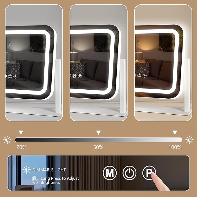 Vanity Mirror with Lights 14"×12", Led Makeup Mirror, Lighted Makeup Mirror with 3 Color Dimmable Lights, Smart Touch Screen Control, 360°Rotation