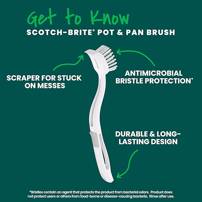 Scotch-Brite Pot + Pan Brush, Durable and Long Lasting Dish Brush with Handle for Scrubbing Stainless Steel, Outdoor Furniture, and Sinks without Scratching, Antimicrobial, and Rinses Clean