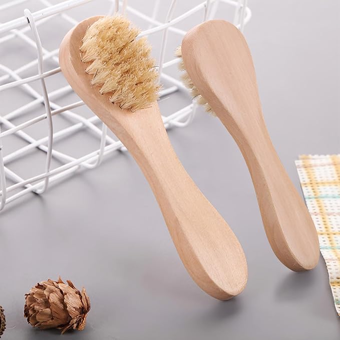 2 Pack Mini Dry Brush, Natural Bristle Small Body Brush, Exfoliating Facial Cleansing Brush for Soft Skin and Other Sensitive Areas Like Your Neck, Chest, and Nails