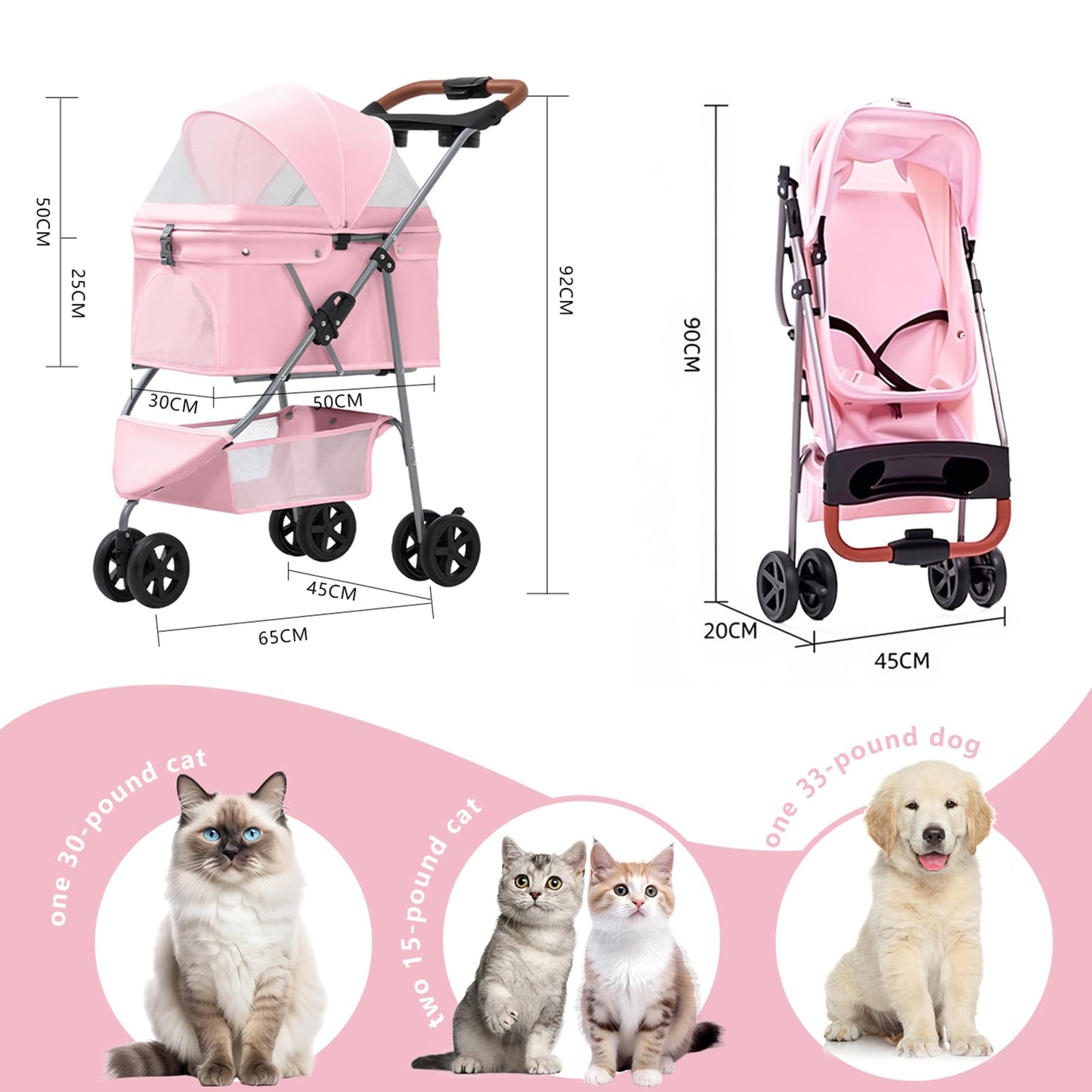 Pet Stroller for Small/Medium Dogs and Cats, Foldable 3 Wheel Jogger with One-Click Fold, Breathable Mesh, Storage Basket, Cup Holder, Weather Cover, (Pink)