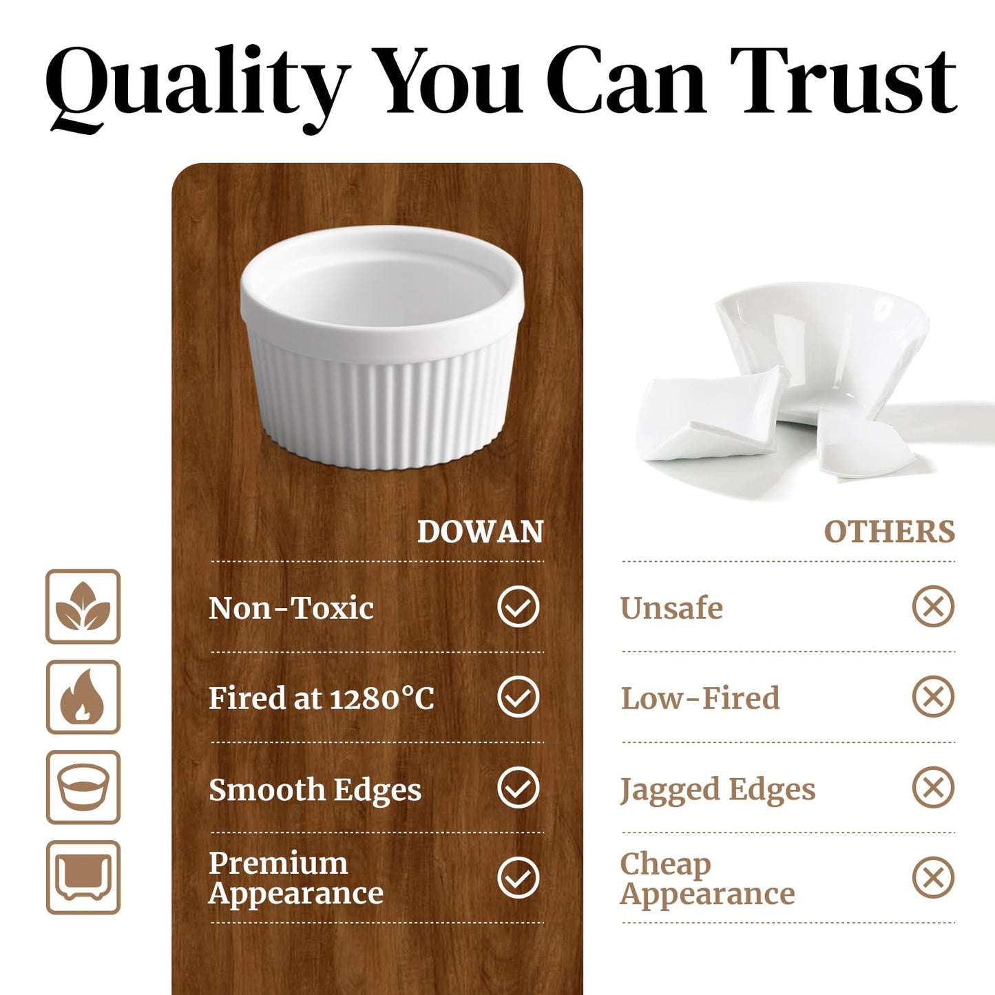 DOWAN Ramekins 6 oz Oven Safe for Creme Brulee Souffle, Porcelain Ramekin for Baking, Classic Style Small Bowls Souffle Dishes Custard Cups for Dipping Sauce, Set of 6, Soft White