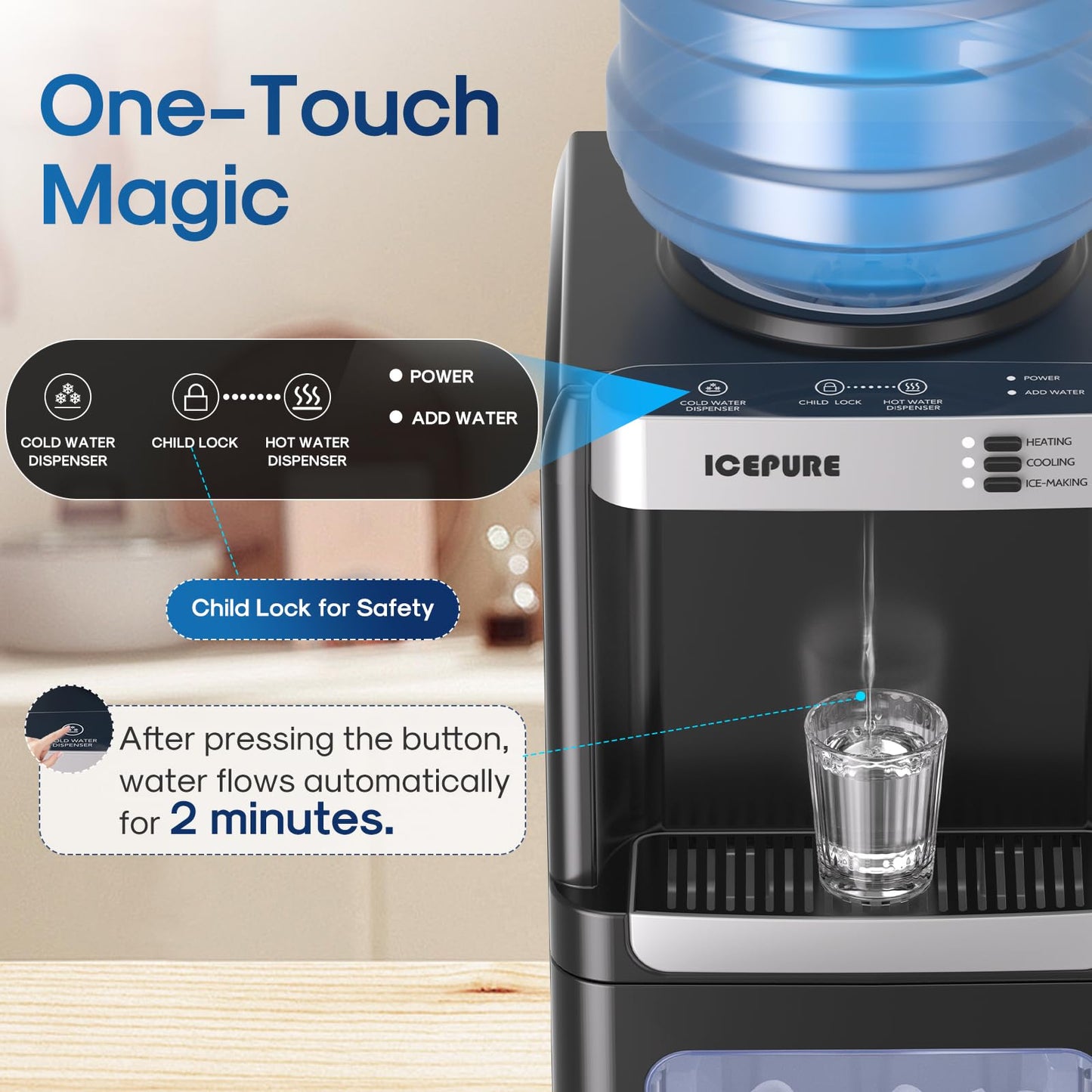 ICEPURE Water Cooler Dispenser with Build-in Ice Maker, Hot and Cold Water Dispenser with Bullet Ice Maker, 33lbs/24H, Child-Lock,Top Loading
