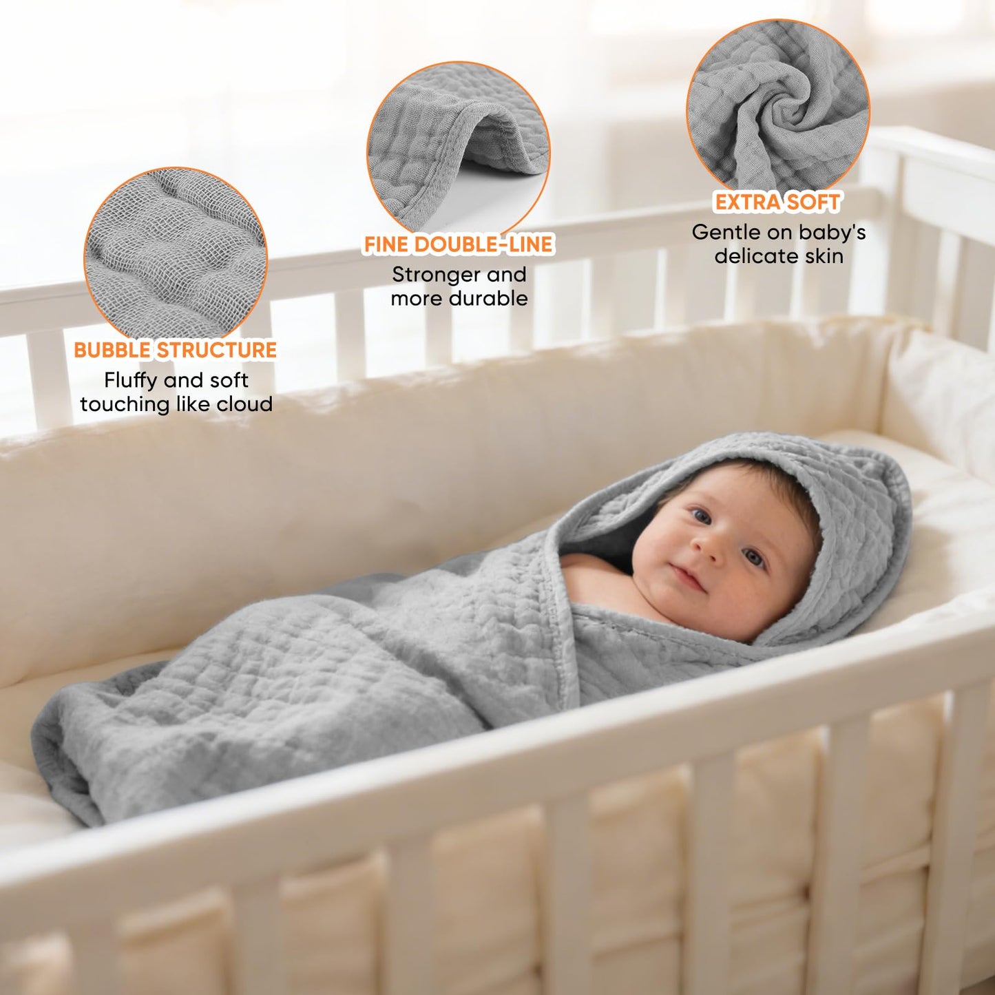 MIGIOL Muslin Hooded Baby Towels 100% Cotton ，Super Soft Muslin Baby Bath Towel - 32 x 32 Inches, Suitable for Newborn and Young Children up to 3 Years Old. (Grey & Green)