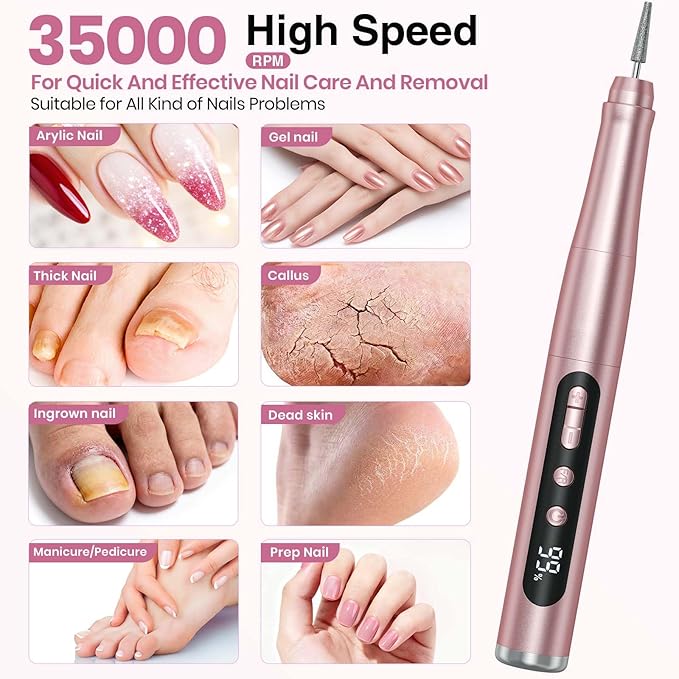 Cordless Nail Drill 35000RPM, Portable Electric Nail File for Acrylic Gel Nails, Professional Manicure Pedicure Kit, Rechargeable Pedicure Tools for feet with LCD Display, Low Noise Low Vibration