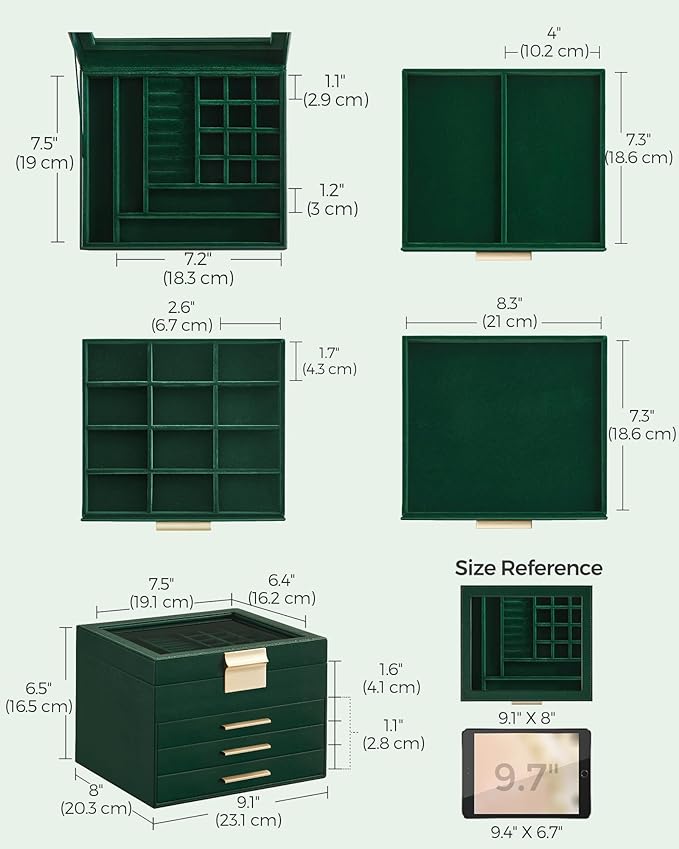 SONGMICS GISELLA Collection - Jewelry Box Organizer, 4-Layer Jewelry Storage with 3 Drawers, Shiny Metal Hardware, Glass Lid, Modern, 8 x 9.1 x 6.5 Inches, Forest Green and Gold Color UJBC173C01