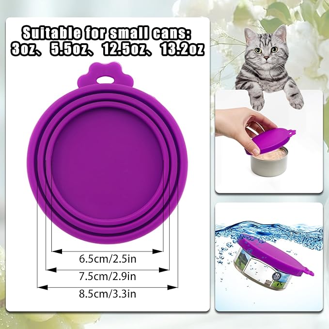 PINE & LINEN 4 Pcs Durable Pet Can Lids,One fit 3 Standard Size Silicone Waterproof Cat Food Cans Lids for 3oz/5.5oz/12.5oz/13.2oz Cat Food Cans（Purple）