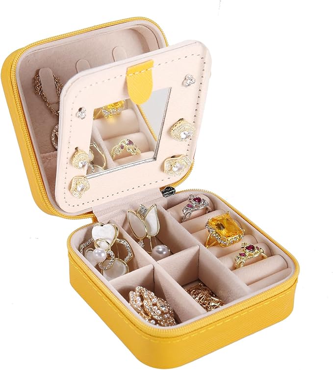 KElofoN Travel jewelry case Travel jewelry box Travel Jewelry Organizer Small Jewelry Organizer Box Gift for Girls Women with Mirror (Yellow)