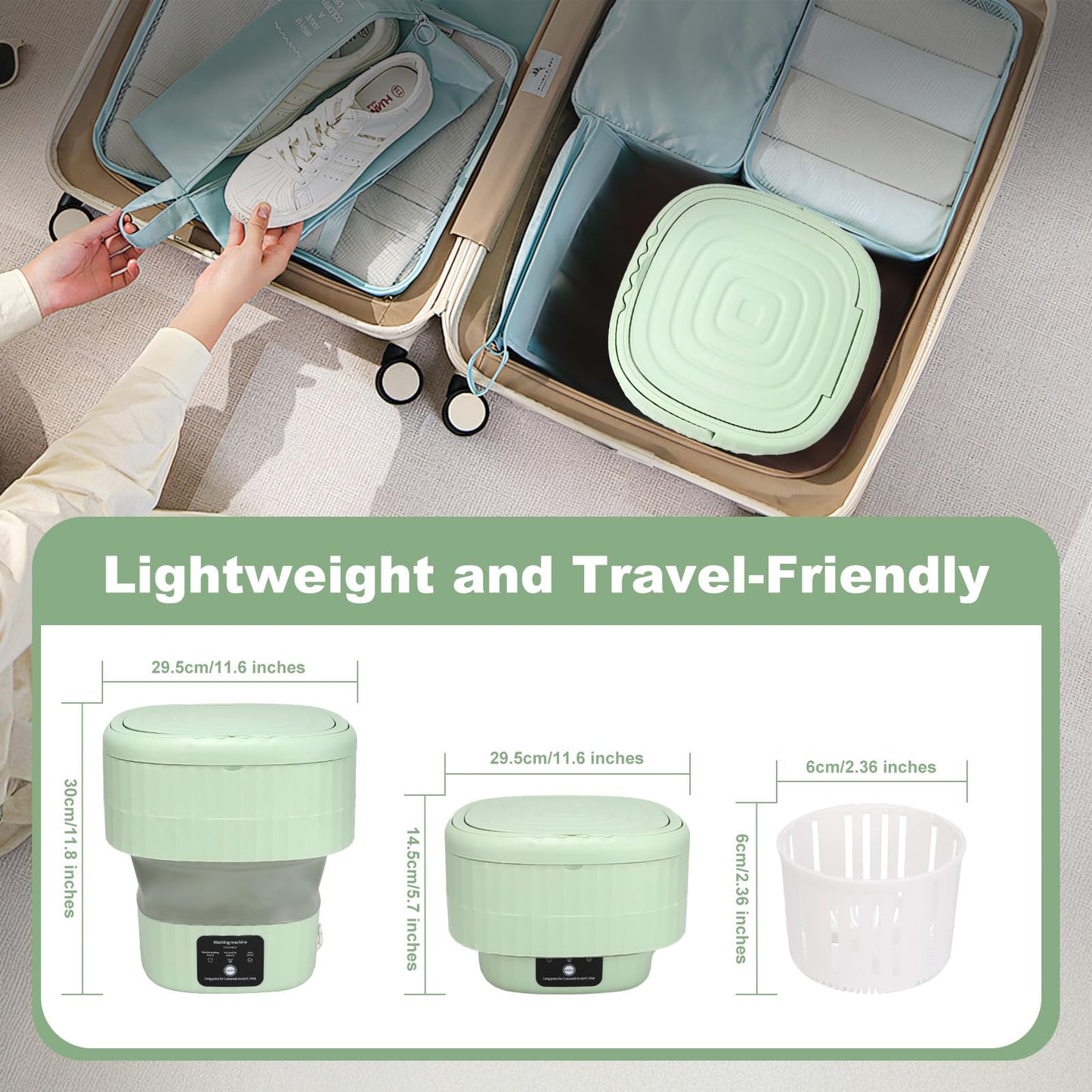 Mini Portable Washing Machine, 9L, 3 Modes, Blue Light Disinfection, Ideal for Underwear, Socks, Baby Clothes. Foldable for Space-Saving, Perfect for Apartments, Hotels, Camping & Travel (Green)
