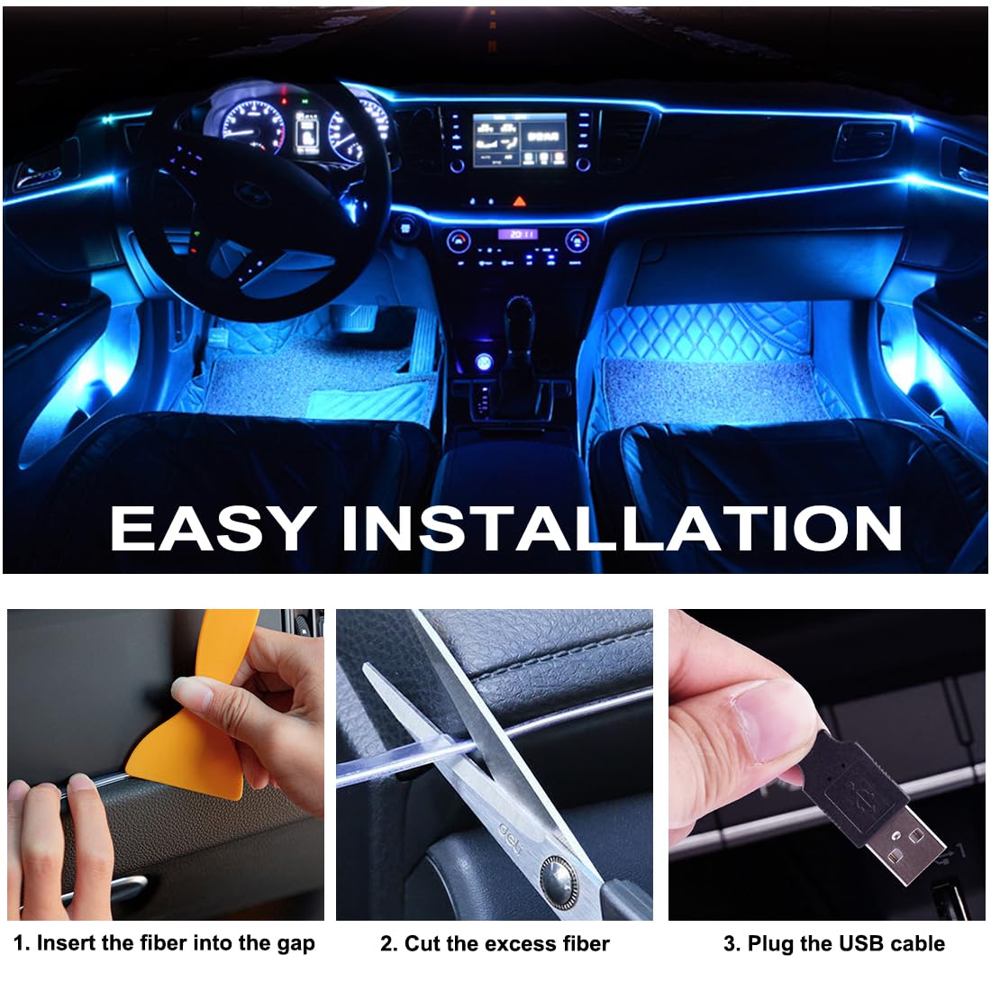 Interior Car LED Strip Lights with Wireless APP & Remote Control, RGB 2 in 1 Car Ambient Lighting Kit with 158 Inches Fiber Optic, Inside Neon Dash Strip with Music Mode