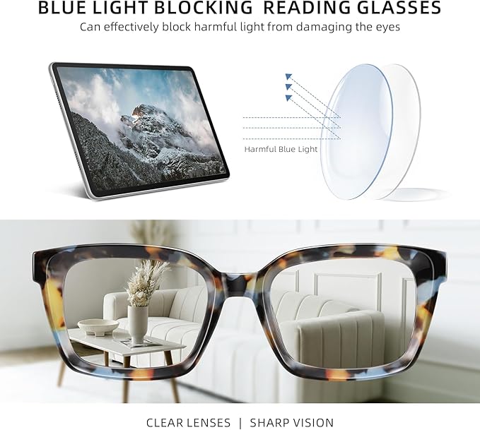XVXV Reading Glasses for Women Men - Blue Light Blocking Readers Oversize Square Anti Glare with Spring Hinge