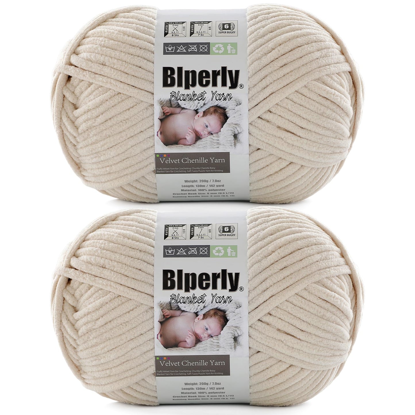 6 Super Bulky Velvet Chenille Yarn for Crocheting - 2 Skein of 200g/7 oz - Ultra Soft Heavy Weight Chunky Knitting Yarn for Baby Blankets, Amigurumi, Home Decor（Beige，2 Skein）