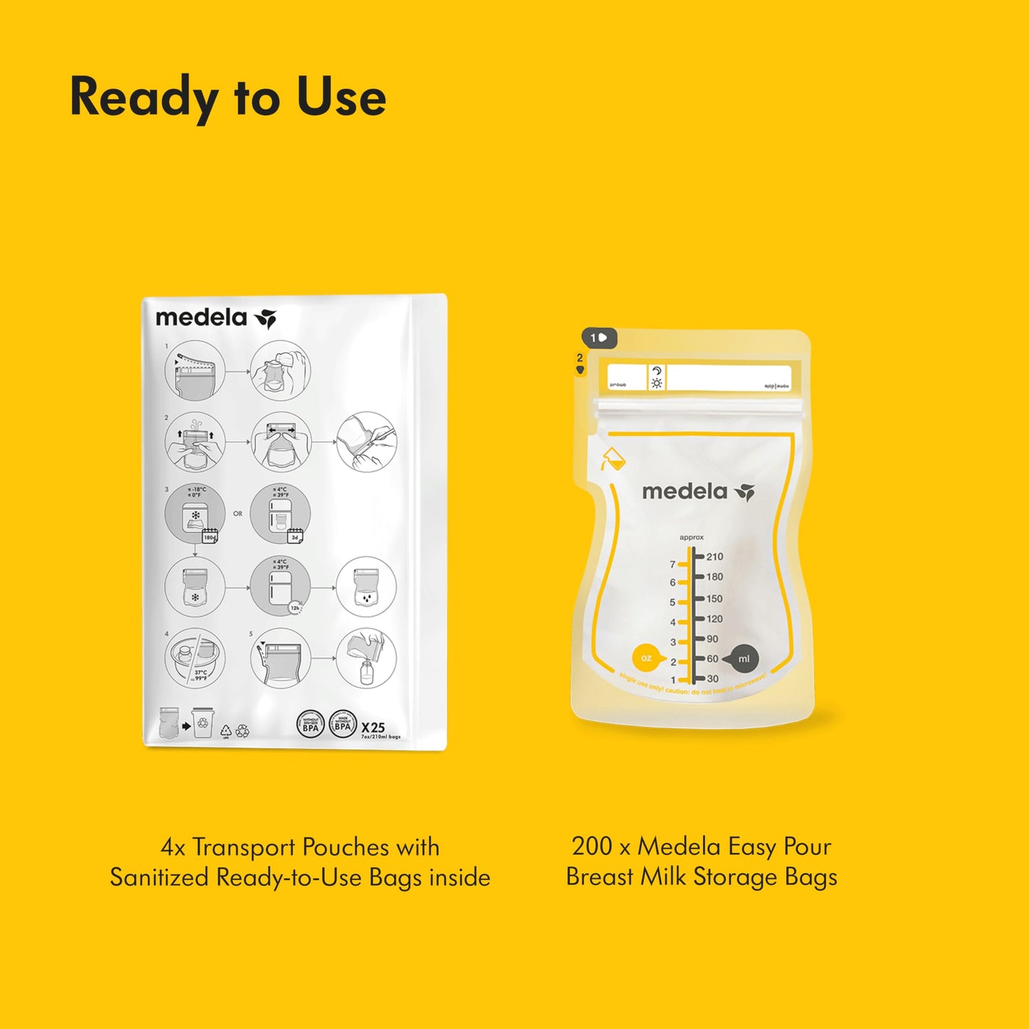 Medela Easy Pour Breastmilk Storage Bags 200 Count 7oz/210ml Disposable, Leakproof, Fast Freeze, Breast Milk Protection Recyclable & BPA Free