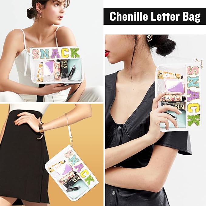Chenille Letter Clear Snack Bags Purse Pouch, Monogram PVC & PU Clear Zipper Pouch with Wristlet, Waterproof Portable Glitter Makeup Beach Toiletry Bag for Women Girls (SNACK-White)
