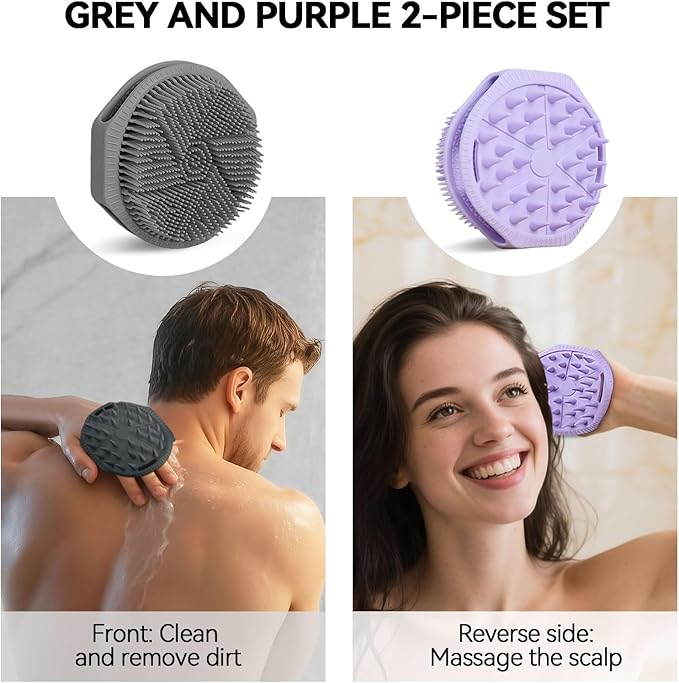 2-Pack Soft Silicone Dual-Sided Body Scrubber & Loofah | Gentle Exfoliating Shower Brush for Men & Women | Creates Rich Lather, Easy to Clean (Gray & Purple)