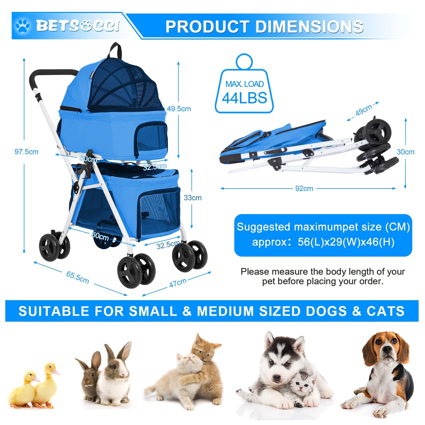 BETSOCCI Double Dog Stroller with 2 Detachable Carrier, Portable Pet Stroller for Small Dogs & Cats Folding Lightweight Puppy Travel Carriage, 4 Wheels, Azure
