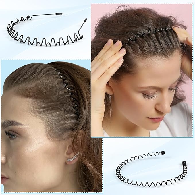 6PCS Metal Hair Bands, Spring Wavy Hoop Unisex Black Headband Slicked Back Non Slip Sports Hairband for Women Men…