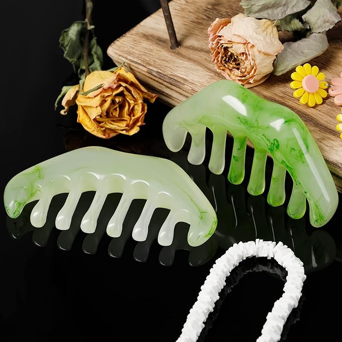 Geiserailie 2 Pcs Jade Combs Esthetician Supplies Massage Stone Hair Gua Sha Scraping Scalp Comb Facial Massage Tool Handheld Head Tools Head Caring Therapy Valentines for Women(Elegant Style)