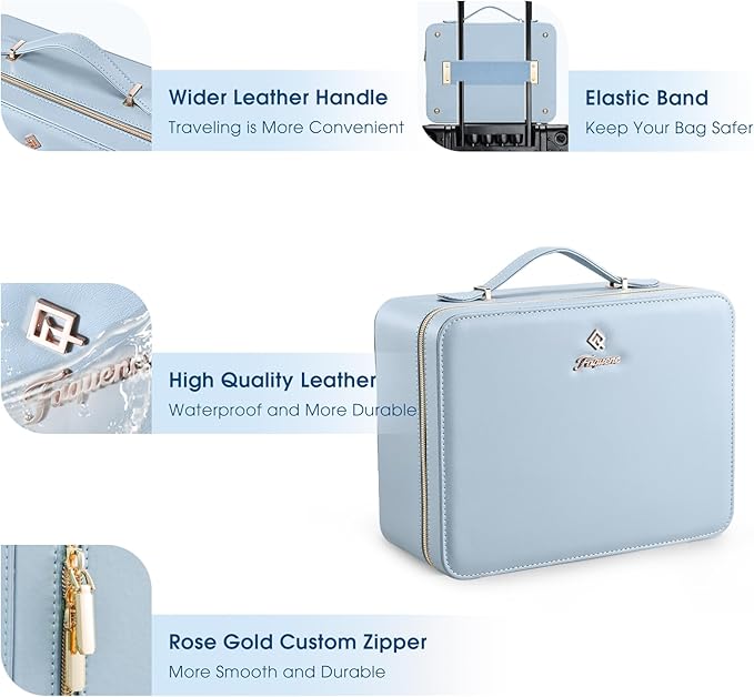 Faquenc Leather Makeup Case with LED Lighted Mirror 11.4 Inch Travel Makeup Bag Adjustable Brightness in 3 Colors Cosmetic Organizer Artist Storage Bag with Dividers Brush Holder Bag Vanity Blue
