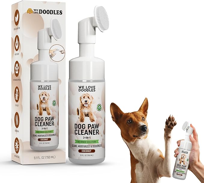 No-Rinse Dog Paw Cleaner with Built-in Silicone Bristle Brush | 3-in-1 Dirty Paw Washer Foaming Foot Cleaner for Muddy Pet Dogs & Cats | Gentle Moisturizing Waterless Shampoo - Coconut | 5 fl oz