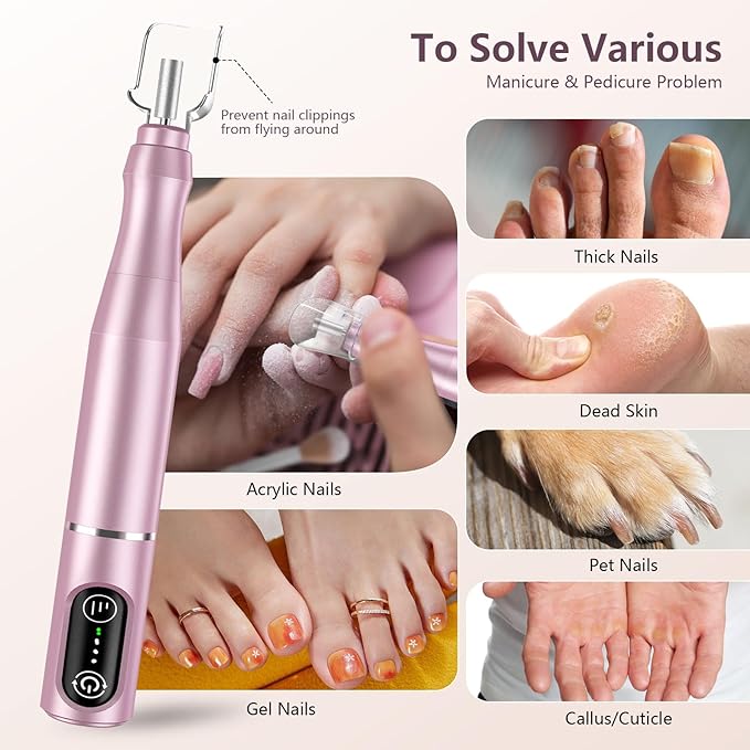 Cordless Nail Drill Electric Rechargeable File Kit, Professional Efile Acrylic Gel Nail Polish Remover Pedicure Manicure Machine Portable Set with 11 Bits 56 Sanding Bands (Pink)