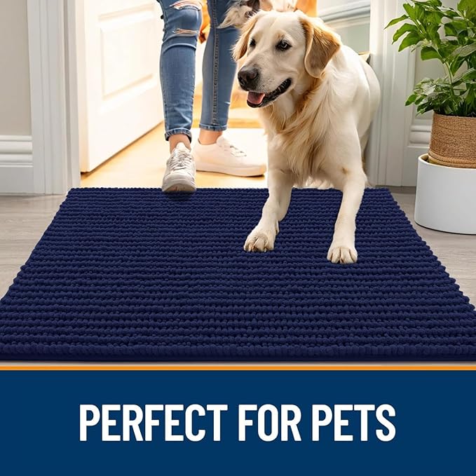 OLANLY Dog Door Mat for Muddy Paws 47x20, Ultra Absorbent Chenille Mud Doormat, Non-Slip Washable and Dirt Trapping Doormat for Indoor Entryway, Quick-Dry Indoor Pet Bed Mats for Dogs, Navy Blue