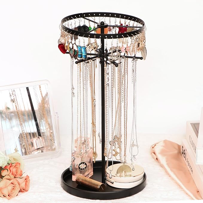360 Rotating 2-Tier Jewelry Organizer Stand, Large Earring Holder Organizer with 48 Holes for Studs，24 Prongs for Necklaces, Wide Base for Bracelets, Watches, Lipstick, Jewelry Display Stand for Women