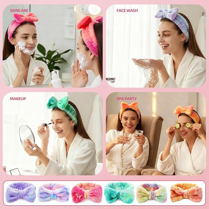 6 Pcs Spa Headband for Washing Face,Skincare Headband with Removable Bow,Furry Face wash Headbands,makeup Headbands for Women,Teen,Girls,Christmas Gifts
