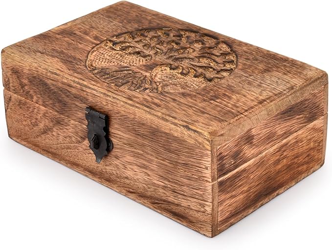 Samhita Handmade Mango Wood Tree of Life Engraving Beautifully Keepsake Box Jewellery Organiser Unique Gift Ideas for Men & Women (Flame Work Finish)