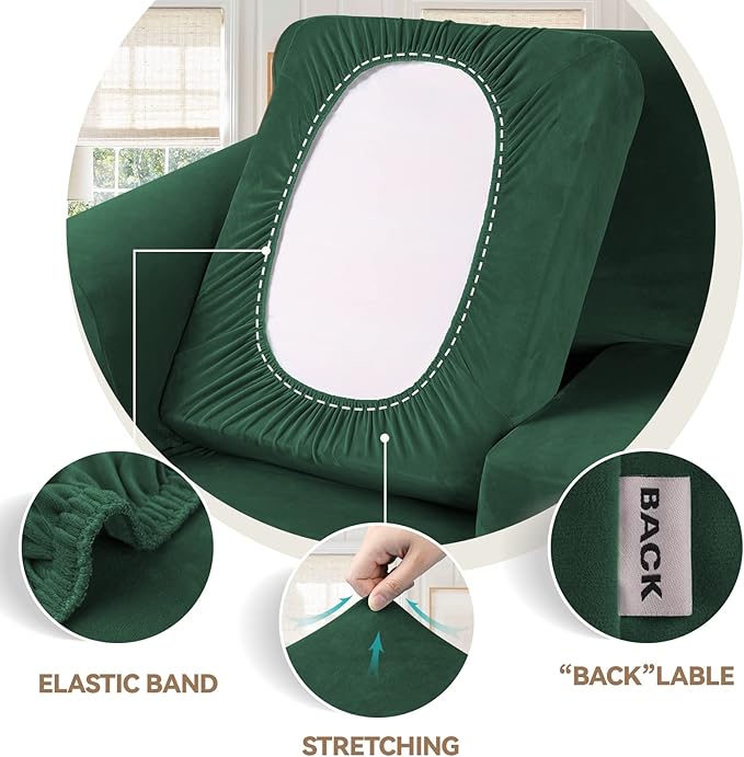 WEERRW Velvet Couch Covers for 2 Cushion Couch Sofa - High Stretch Velvet Plush 3 Pieces Sofa Slipcovers with Elastic Bottom, Furniture Protector for Pets, Machine Washable, Emerald Green, Medium