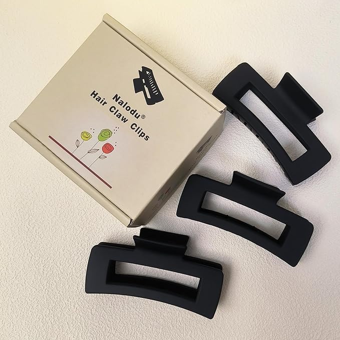 Hair Claw Clips Large Square 4 Inch Matte No Slip Big Rectangle Jaw Clip Clamp for Thick Hair Women, 3 Pack Black