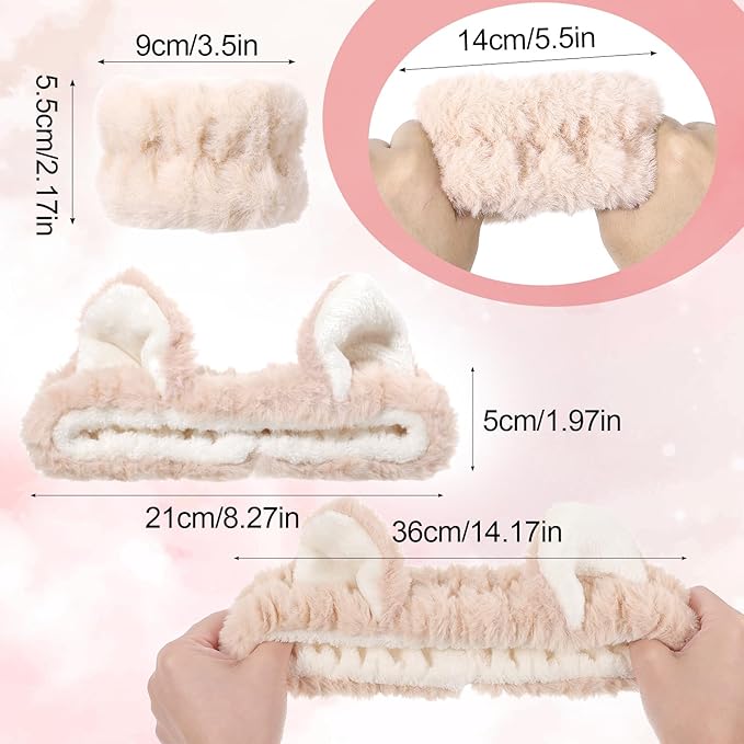 Headbands for Women, Elastic Spa Headband with 2pcs Wristband Set, Cute Plush Cat Ears Puffy Head Band Makeup Hair Band for Washing Face Skincare Yoga Facial Mask(Beige)