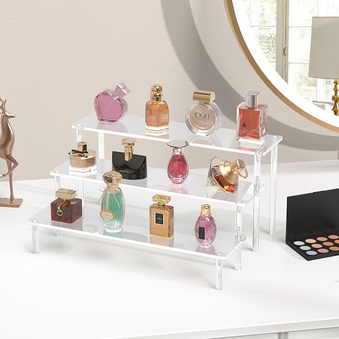 Aredpoook Acrylic Display Risers, 3 Tier Perfume Organizer Stand, Clear Cupcake Stand Holder, Large Shelf Risers for Figures, Dessert Shelves for Party, Display Shelf for Decoration and Organizer