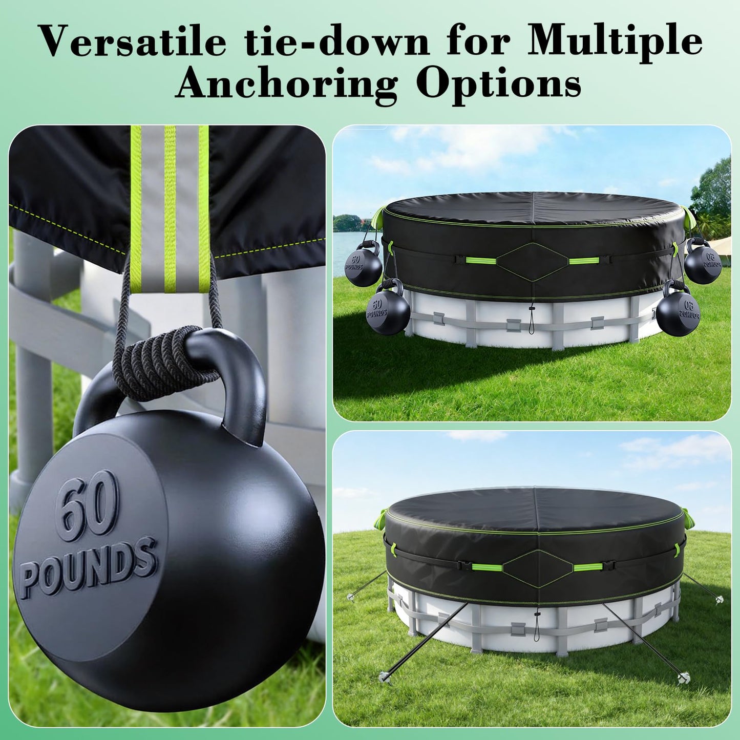 10Ft Round Pool Cover for Above Ground Pools, Safety Solar Pool Covers with Reflective Strips, Rope and Luminous Nails, Upgraded Thicker Oxford, PU Tarp Snug, UV Protected, Windproof, Tear Resistant