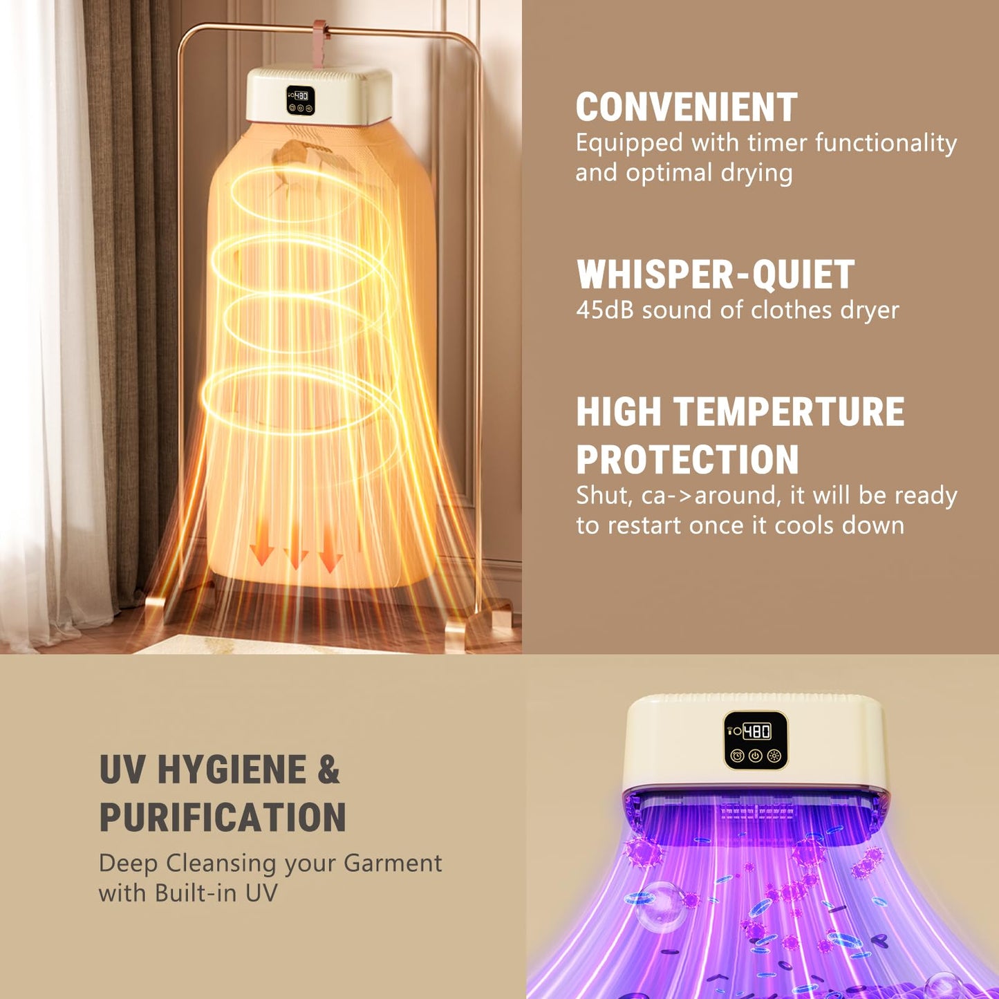 Portable Clothes Dryer, 8H Timer, w/Remote Control & Dry Bag, Mini Compact Foldable Fast Electric Dryer Machine for Laundry, Travel, Apartment, RV, Dorm, Quiet 45dB, Energy Save, 600W
