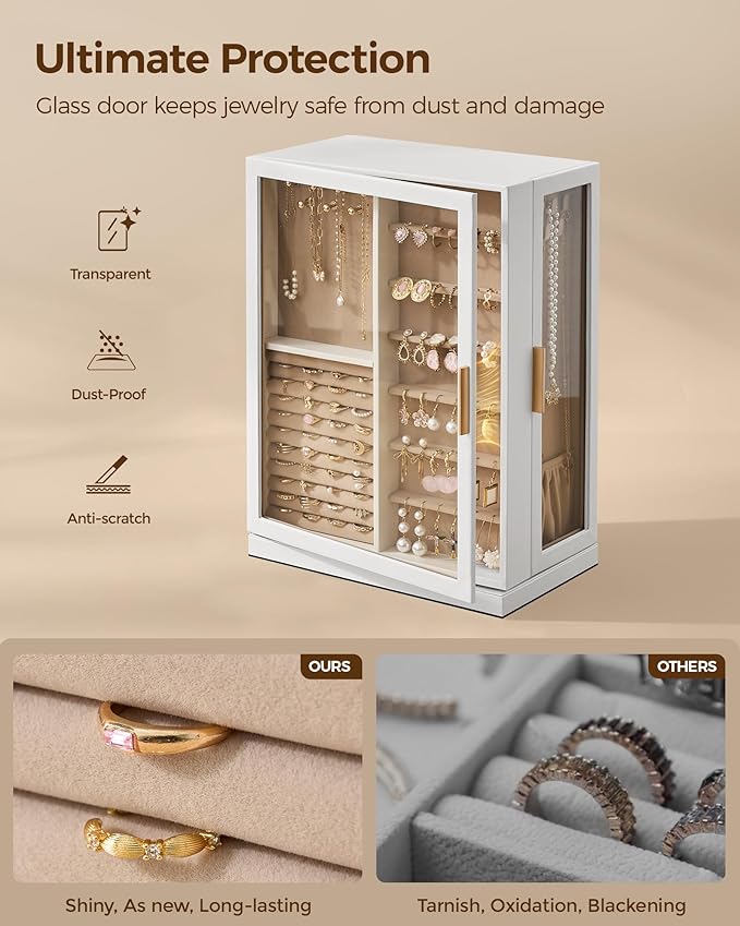 Glimmloop 360ÃÂ° Rotating Jewelry Box with 9 Drawers, Spacious Vertical Jewelry Organizer with Glass Window, Jewelry Storage Case, Dustproof & Moisture-resistant Design, White